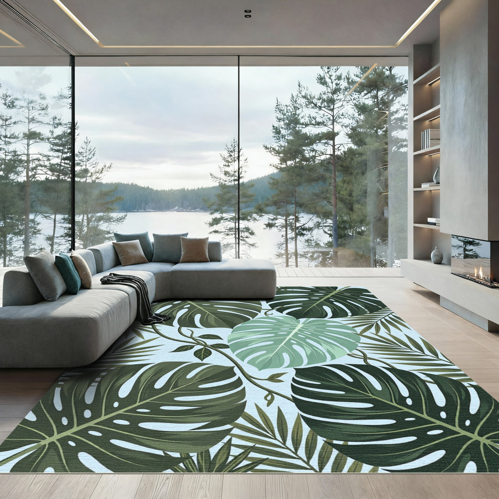 Lush Tropical Monstera Palm Leaf Rug
