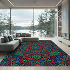 Vibrant Red and Blue Floral Mandala Rug