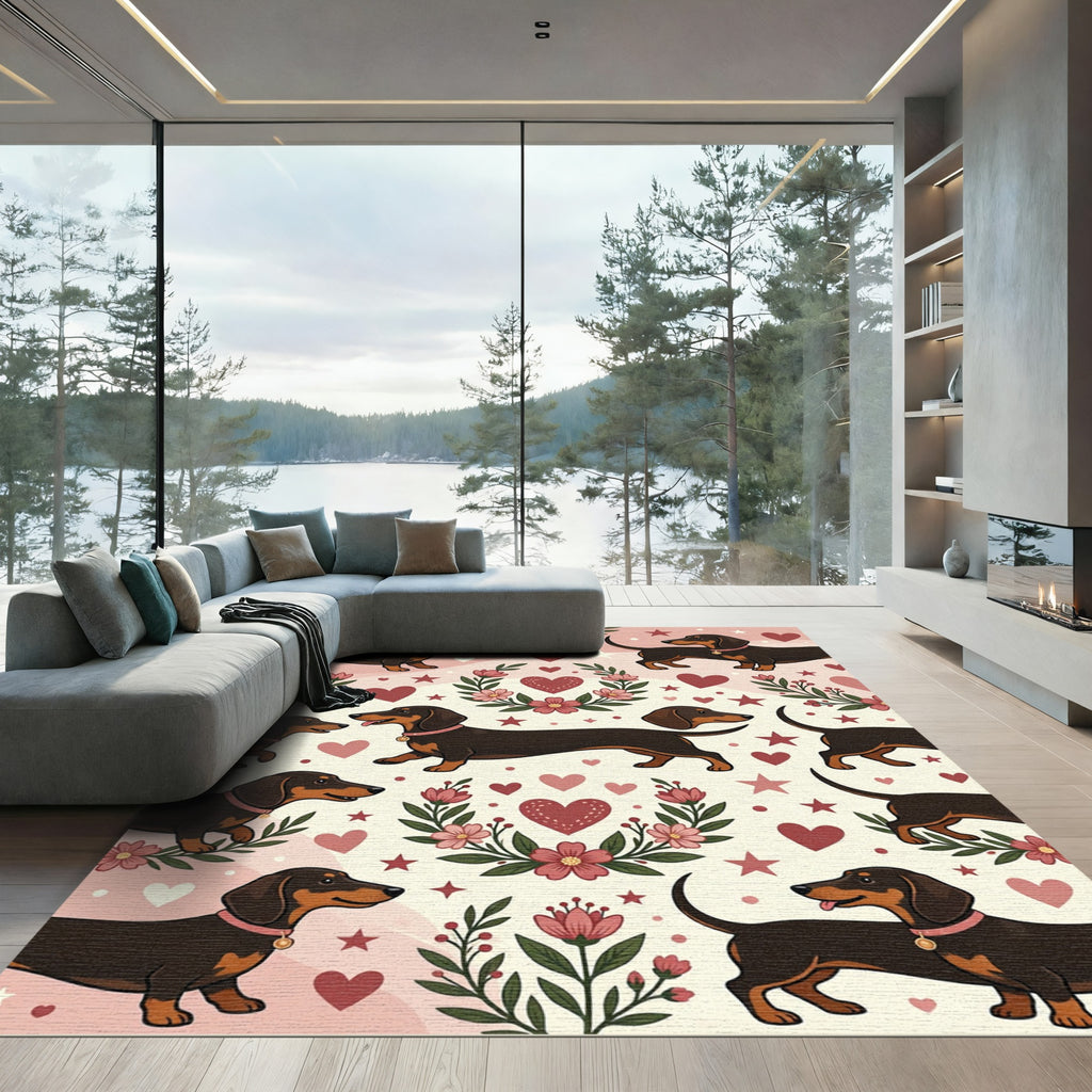 Charming Dachshund Floral Heart Illustration Rug