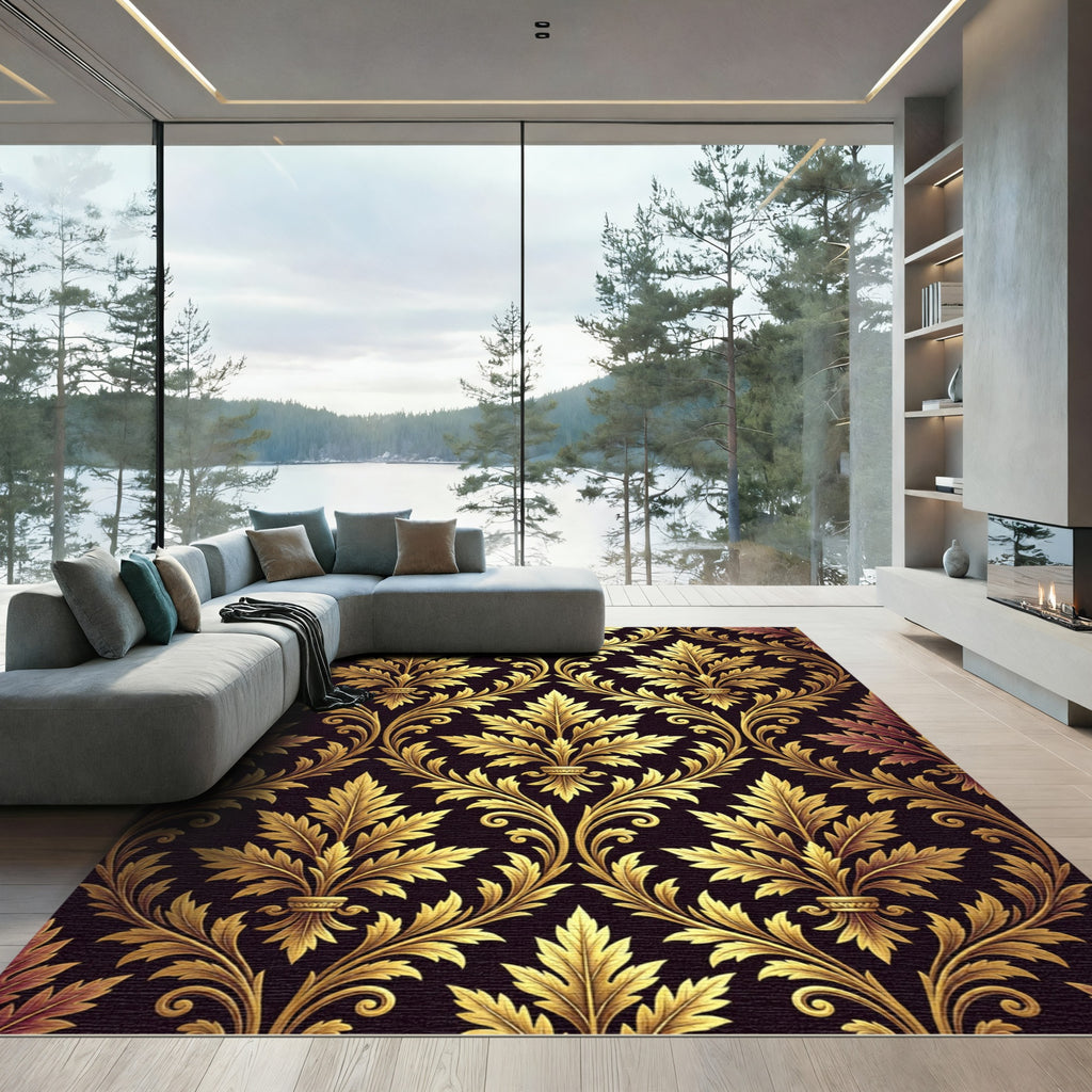Ornate Golden Acanthus Leaf Scroll Rug