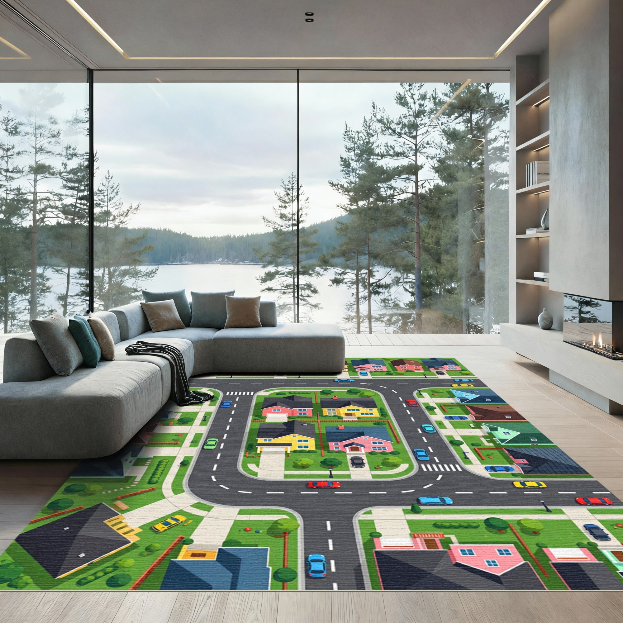 Colorful Suburban Neighborhood Streetscape View Rug