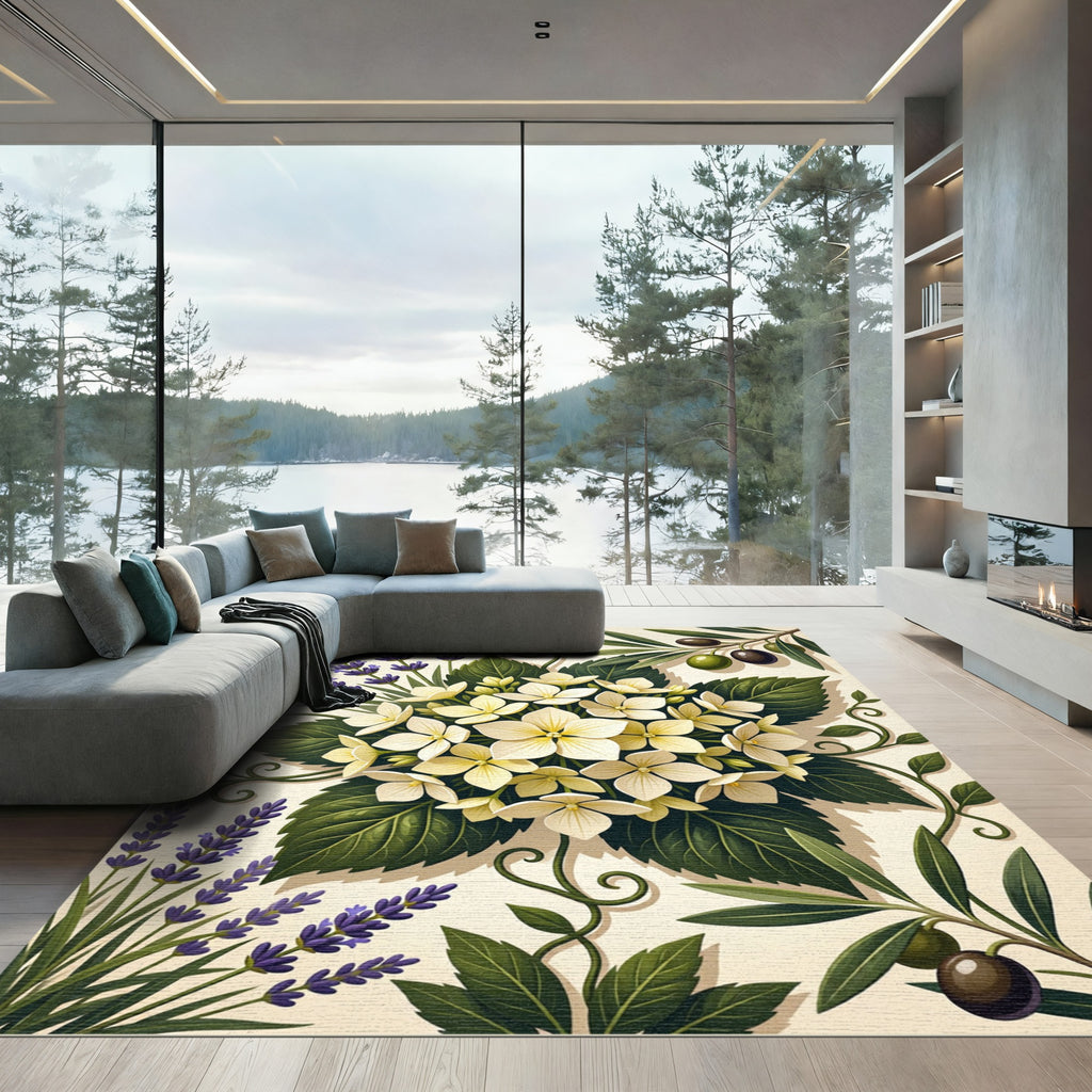 Floral Hydrangea Lavender and Olive Botanical Illustration Rug