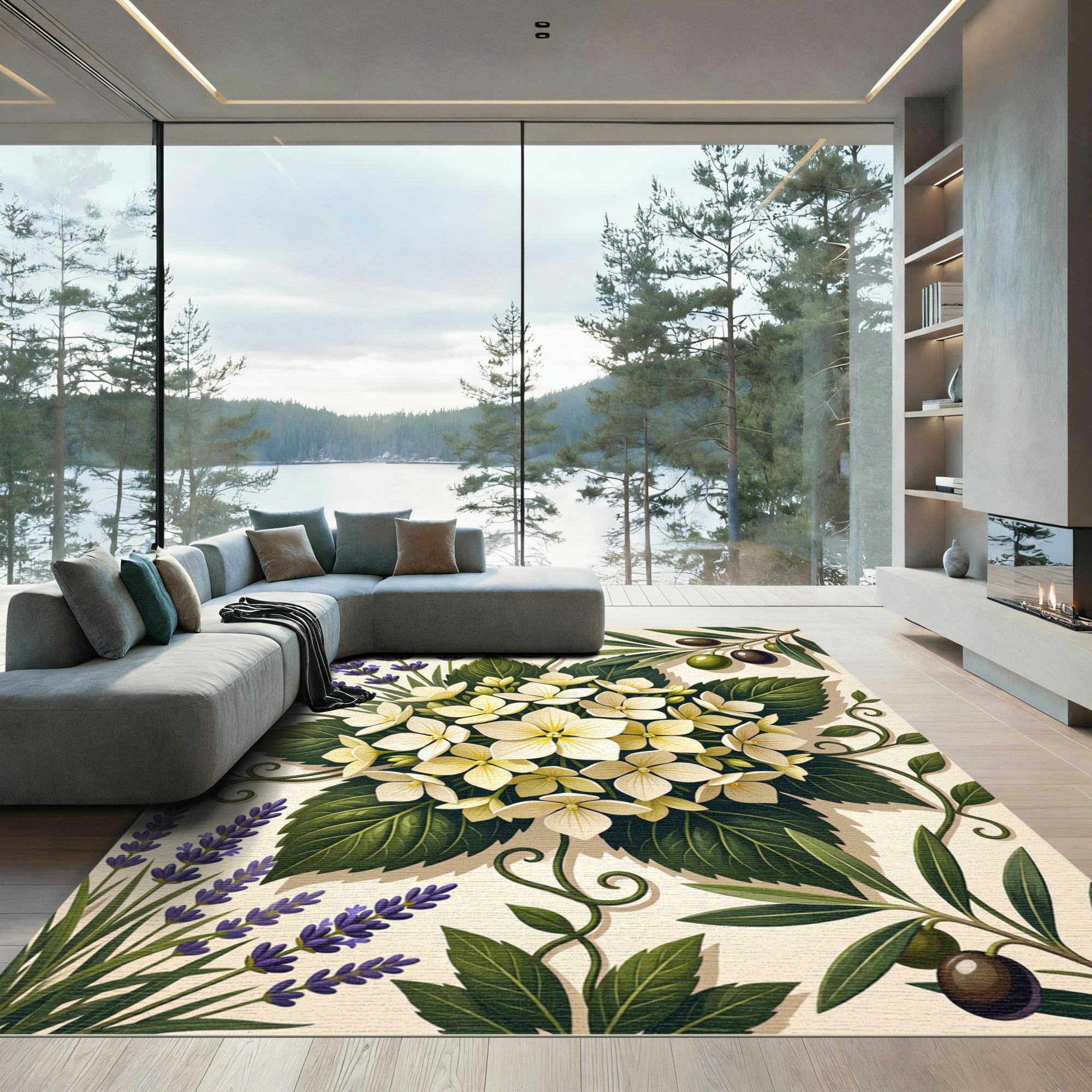Floral Hydrangea Lavender and Olive Botanical Illustration Rug