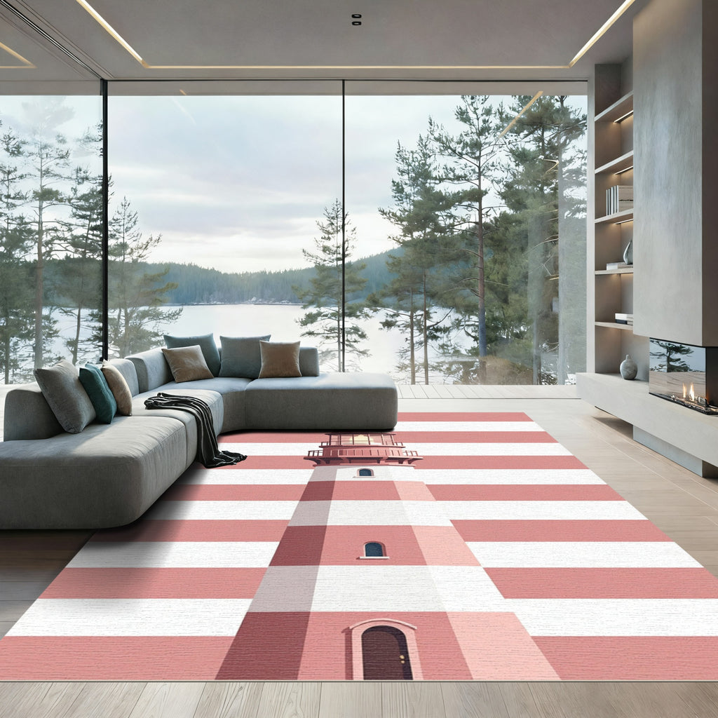 Pink Striped Lighthouse Illustration Rug
