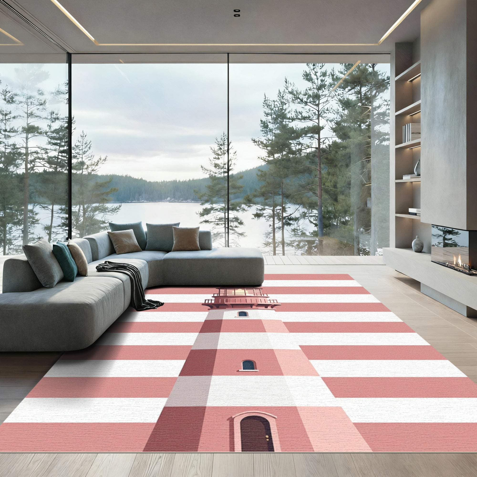 Pink Striped Lighthouse Illustration Rug