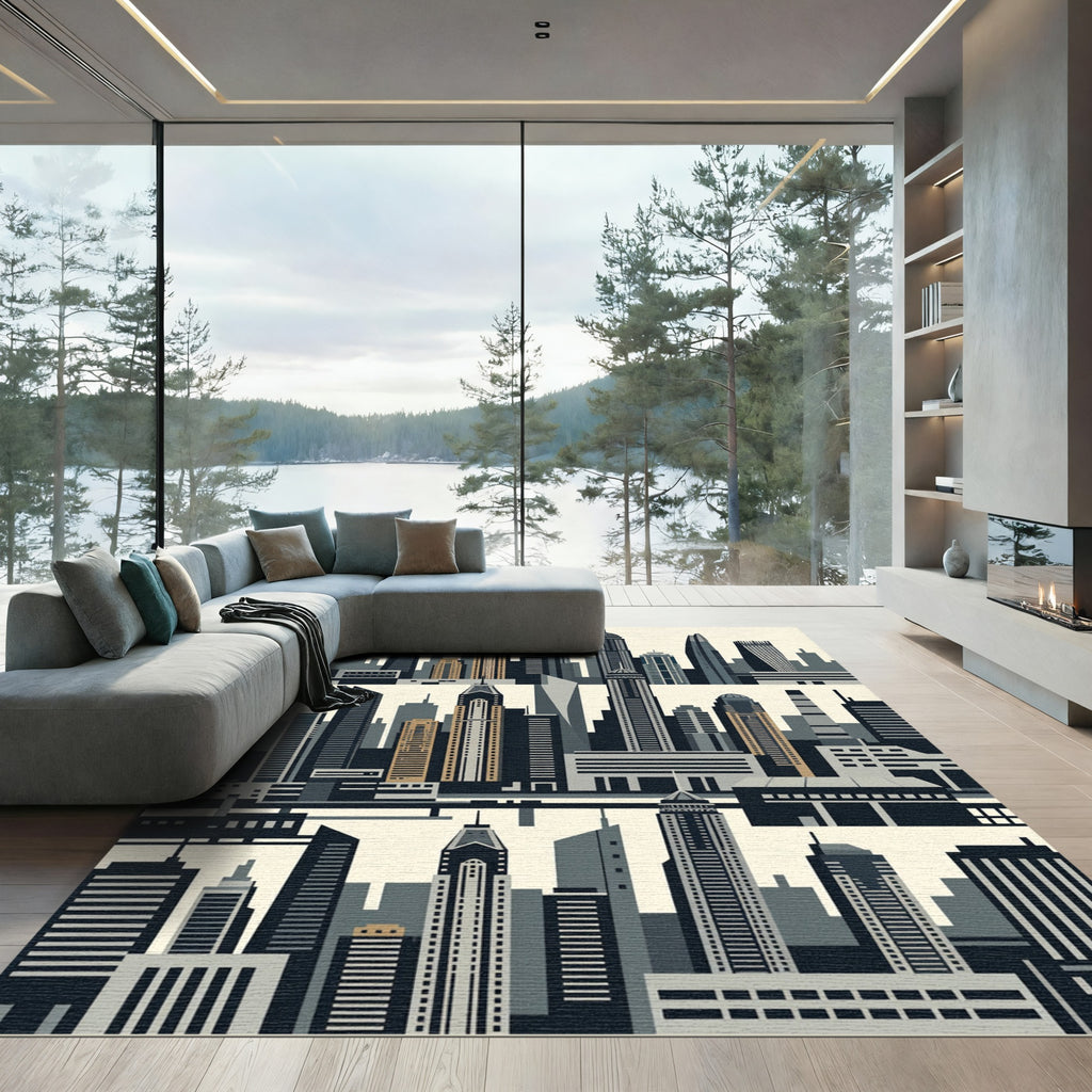Modern Minimalist Gray Urban Skyline Rug
