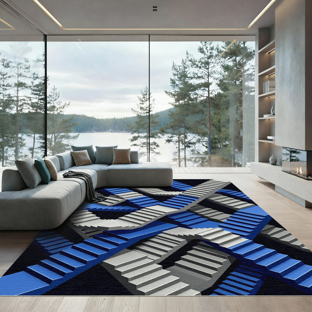 Abstract Blue White Geometric Staircase Illusion Rug
