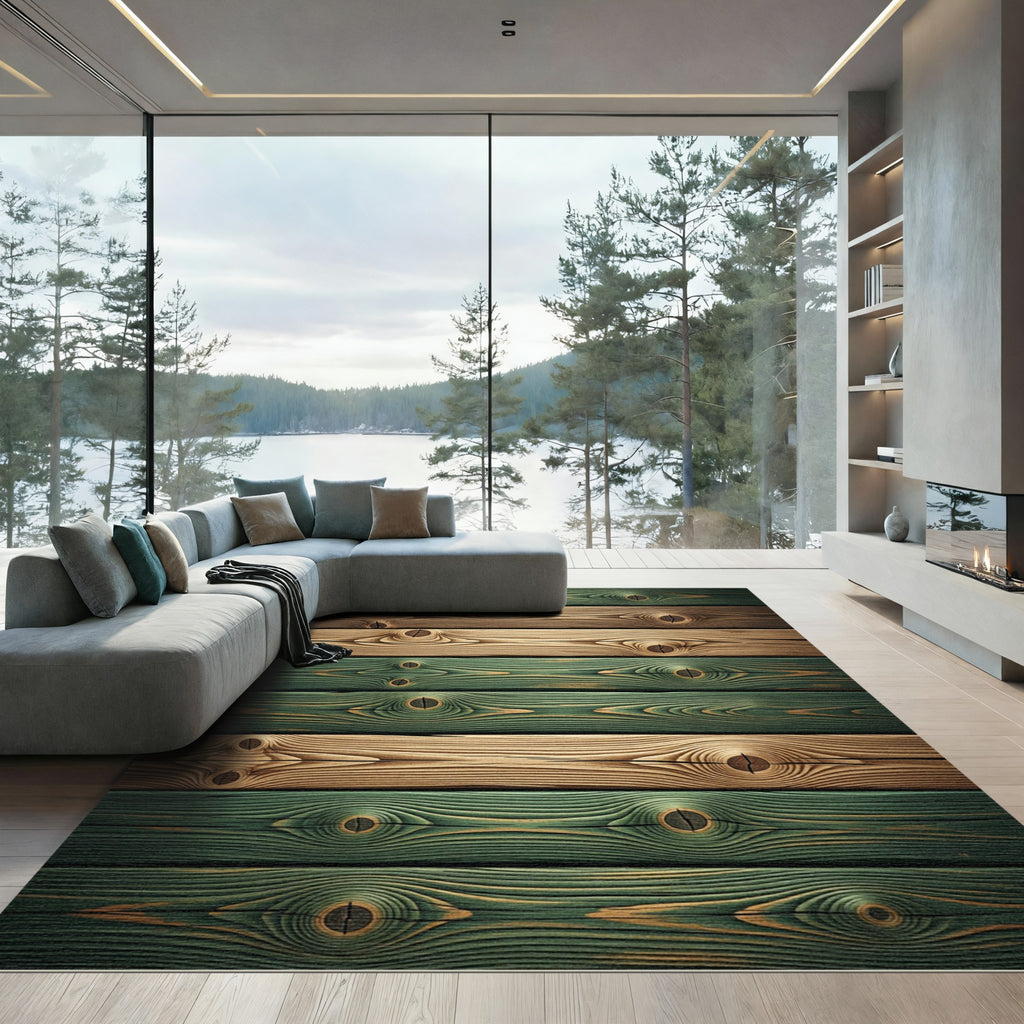 Rustic Green and Brown Weathered Wood Rug