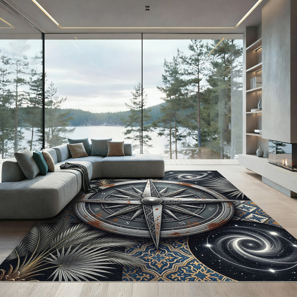 Celestial Compass Palm Navy Gold Rug
