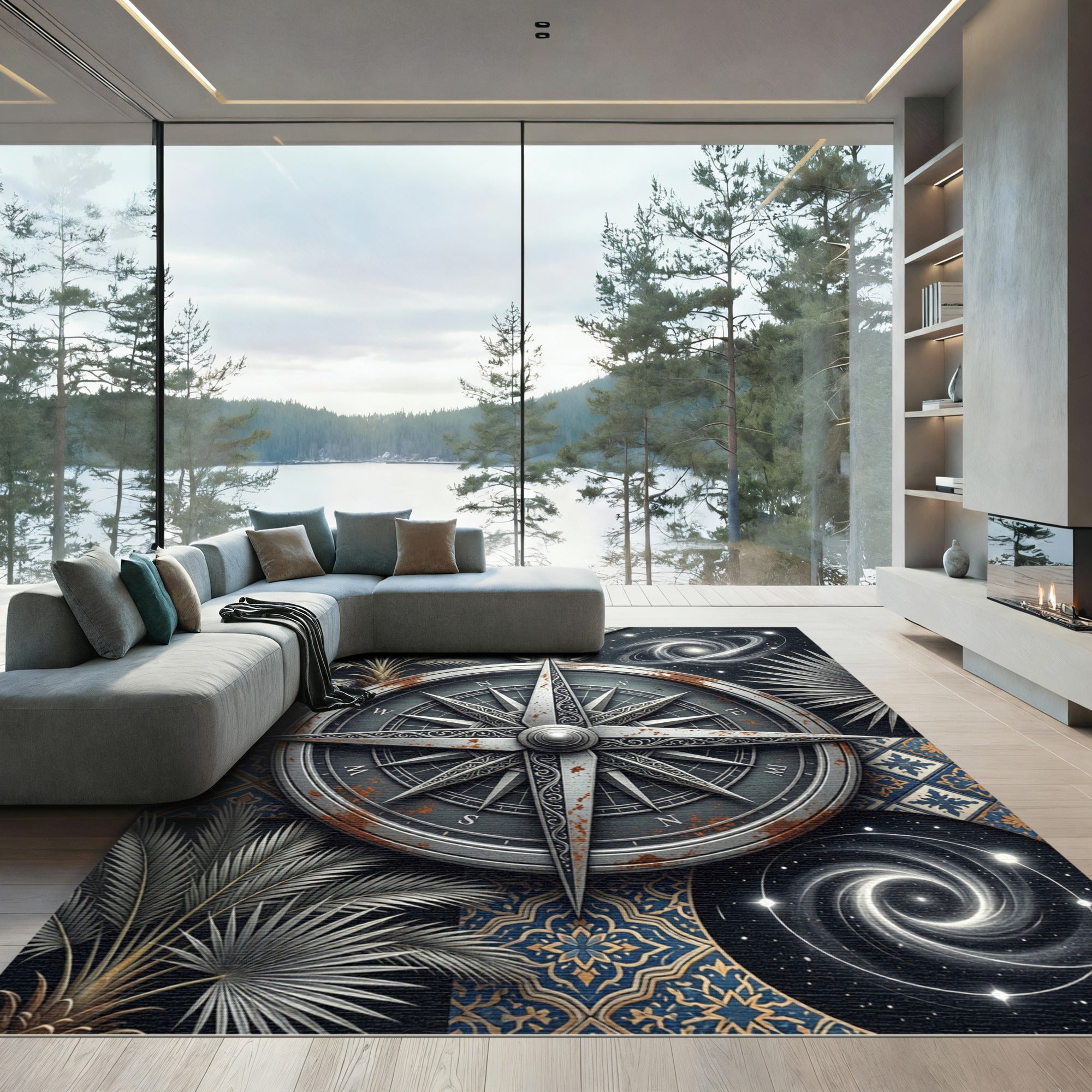 Celestial Compass Palm Navy Gold Rug