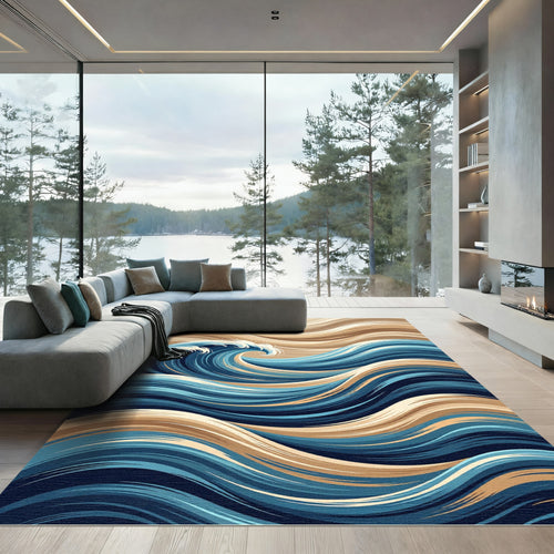 Abstract Blue Wave Coastal Swirl Rug