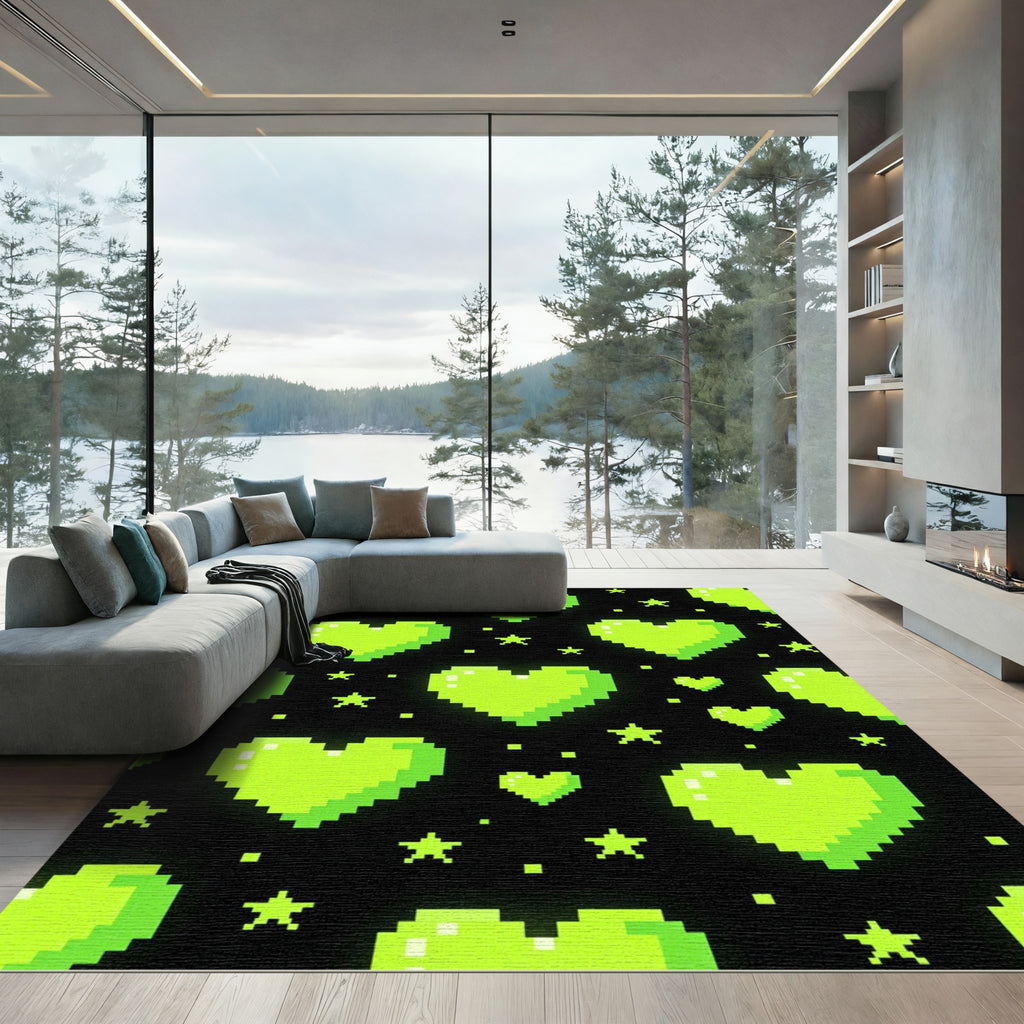 Neon Lime Pixelated Hearts and Stars Rug