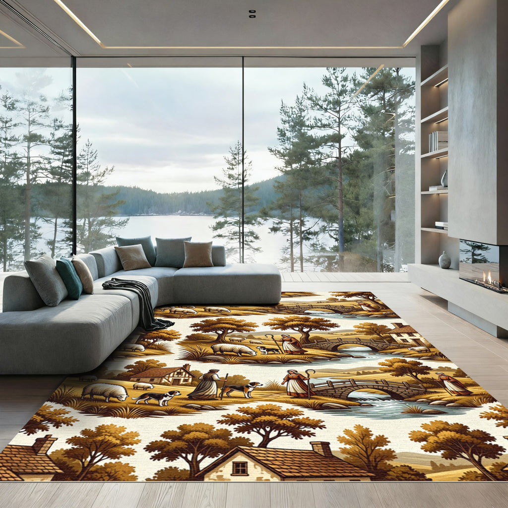 Pastoral Sheep Field Landscape Bridge Rug