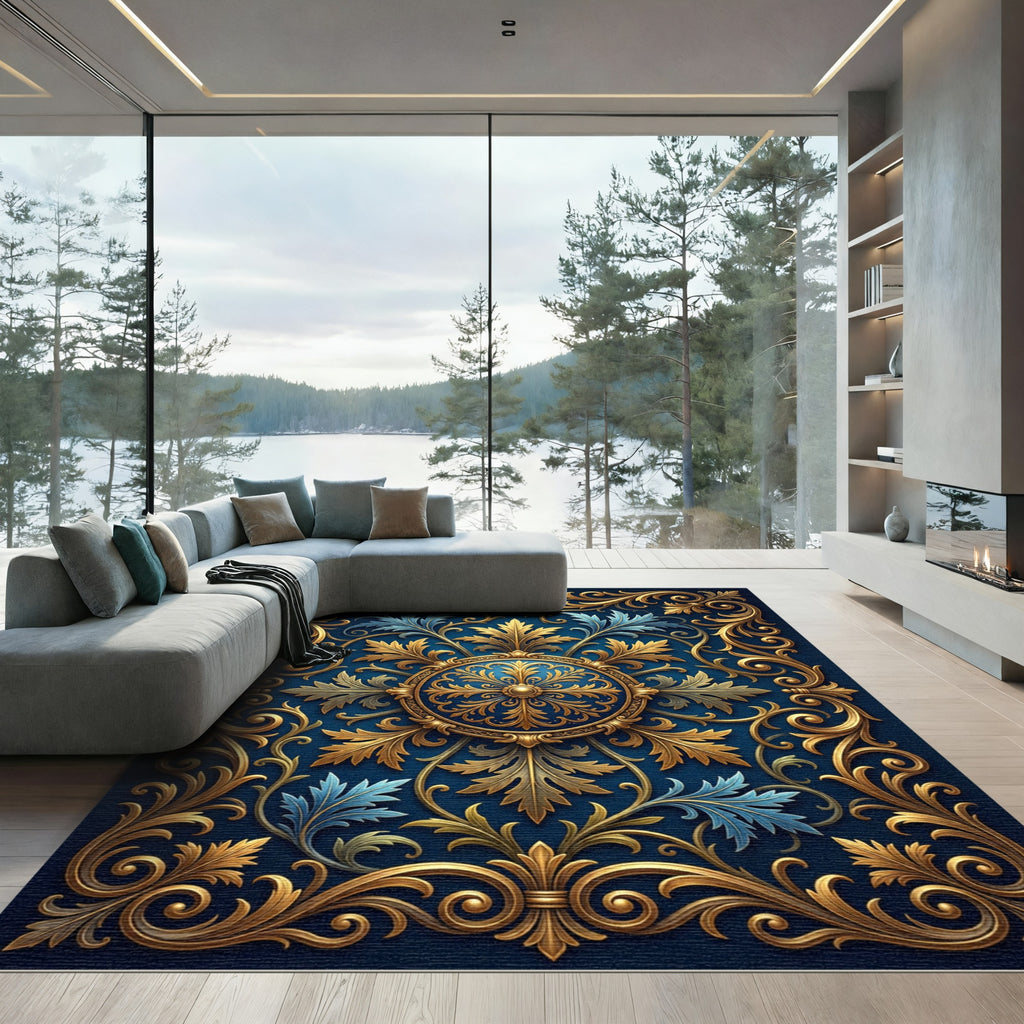 Ornate Gold Scrollwork Royal Blue Medallion Rug