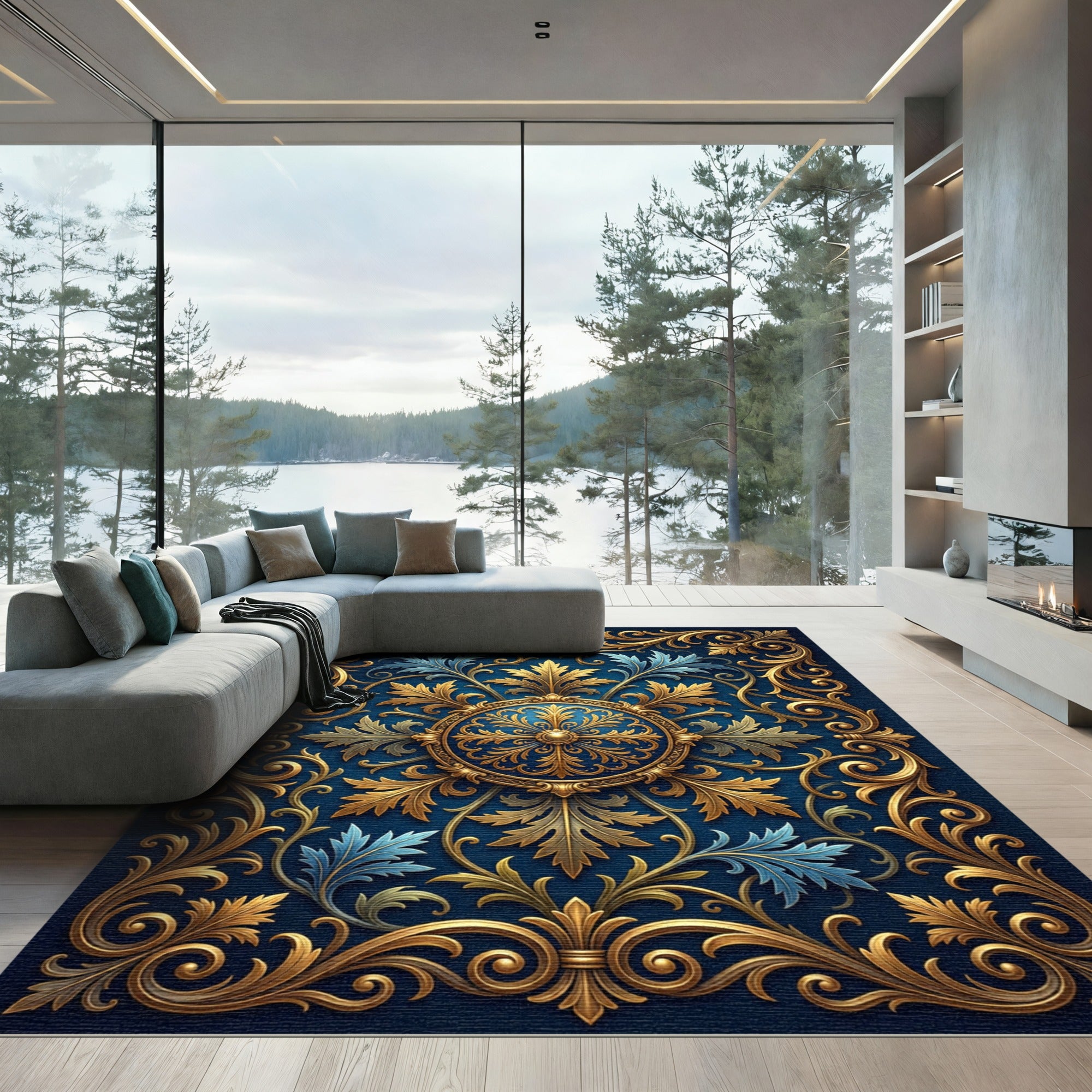 Ornate Gold Scrollwork Royal Blue Medallion Rug
