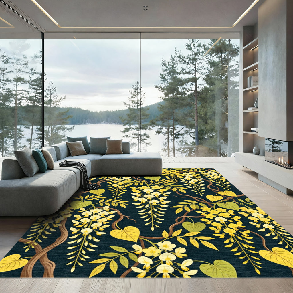 Golden Wisteria Botanical Dark Navy Art Rug