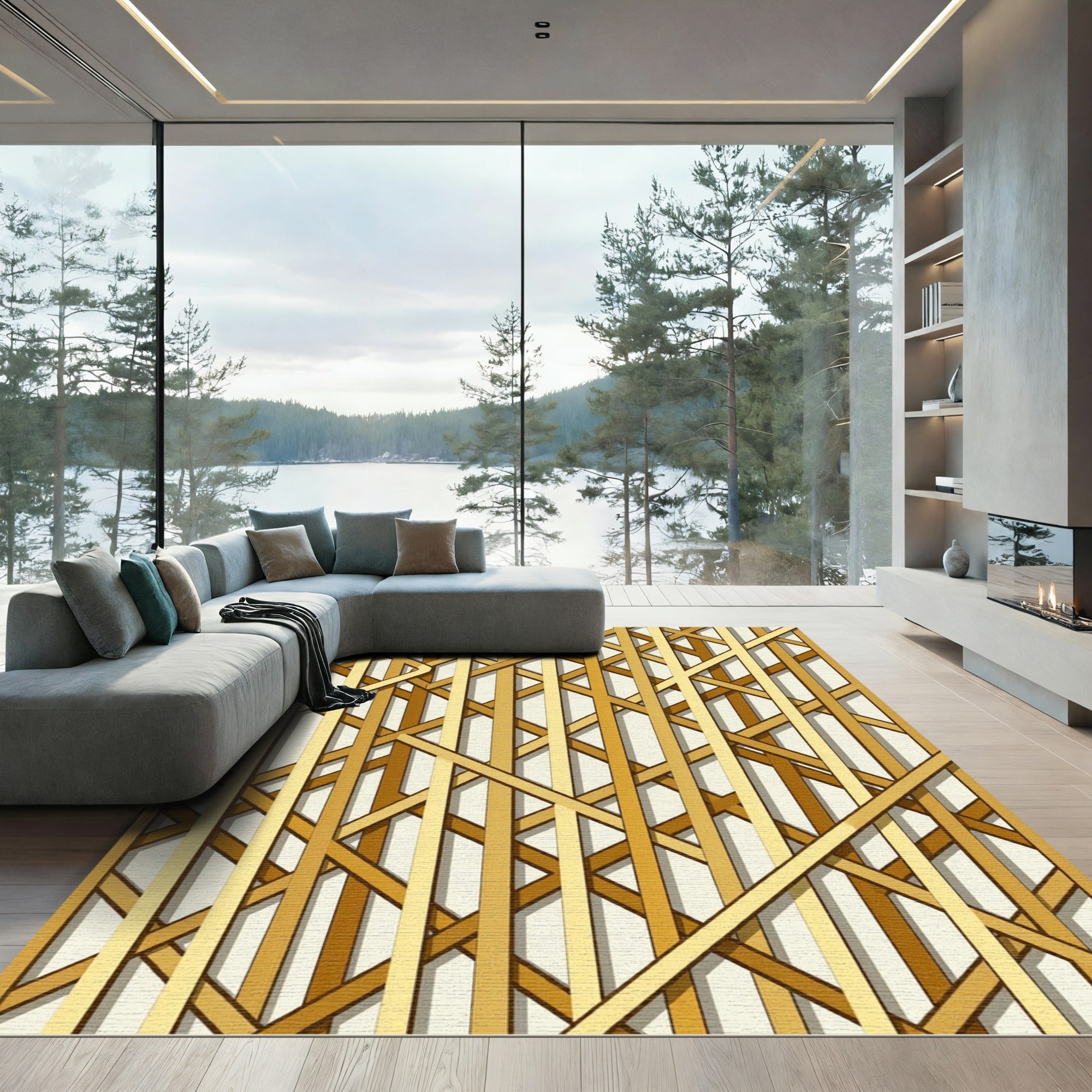 Golden Geometric Intersecting Linear Art Rug