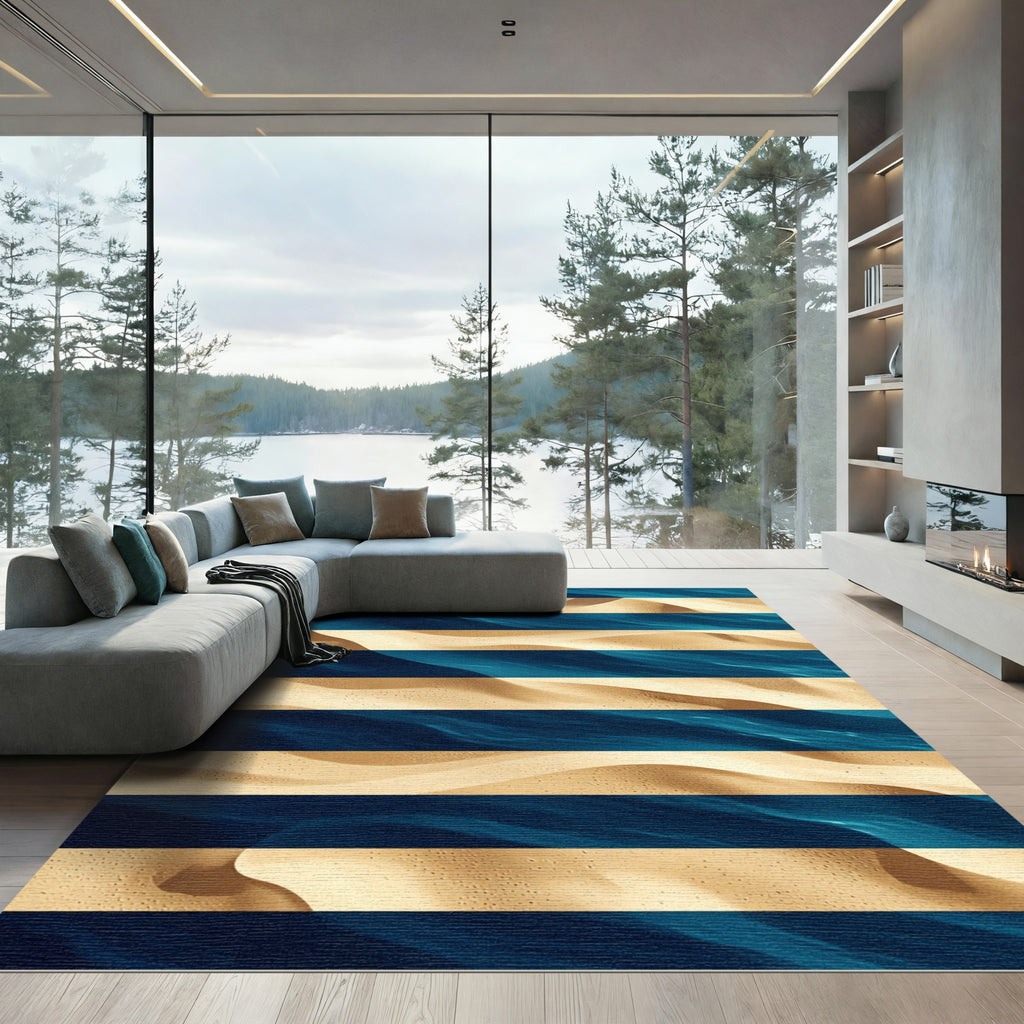 Abstract Blue Ocean Sand Striped Art Rug