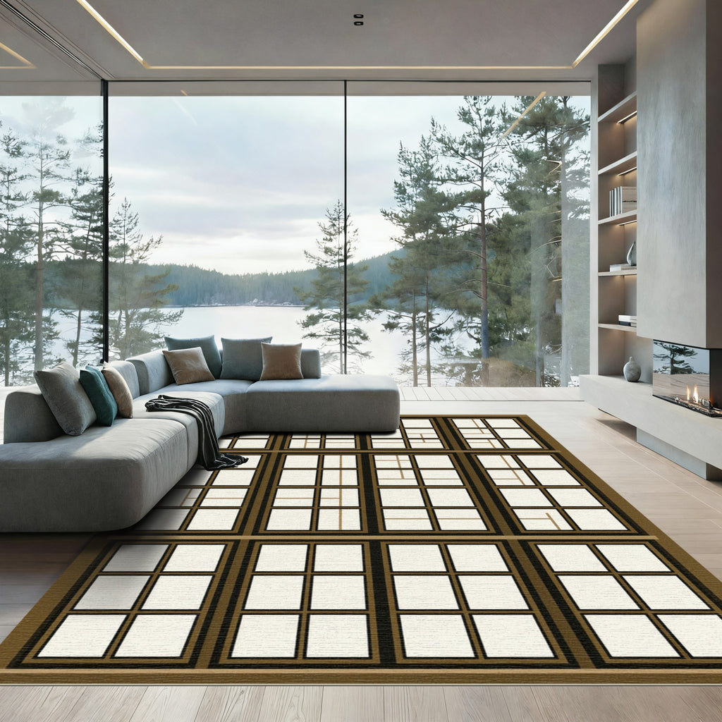 Brown Grid Window Pane Composition Rug
