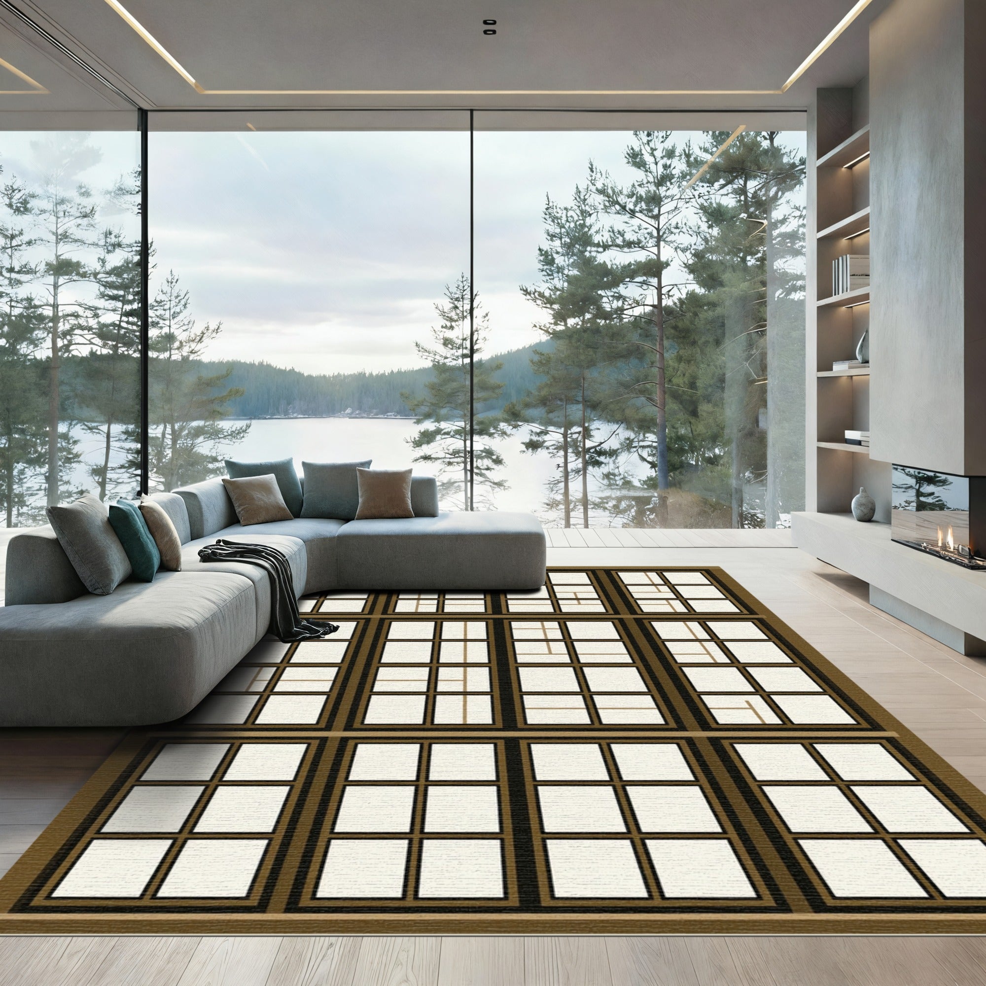 Brown Grid Window Pane Composition Rug