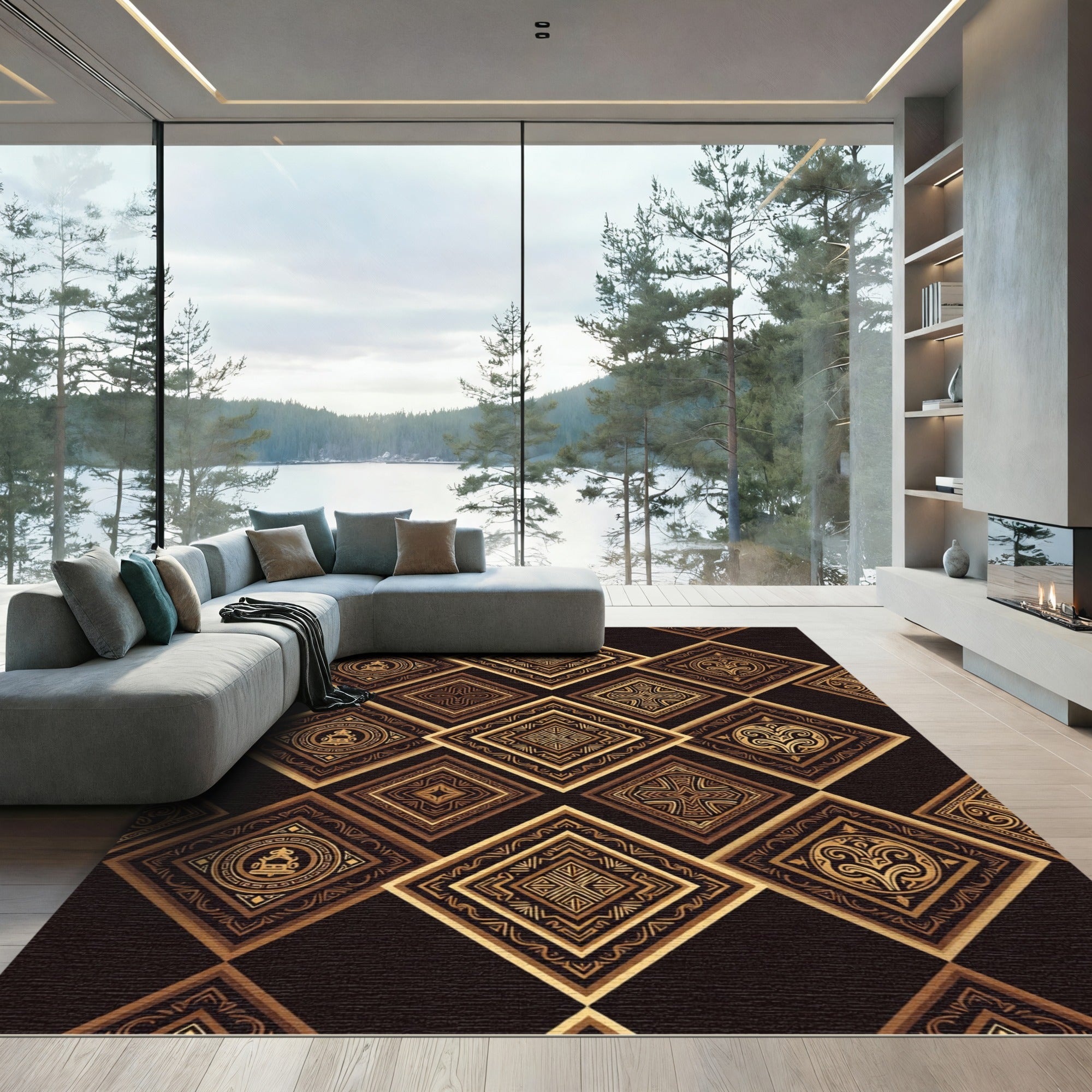 Golden Brown Ornate Diamond Inlay Rug