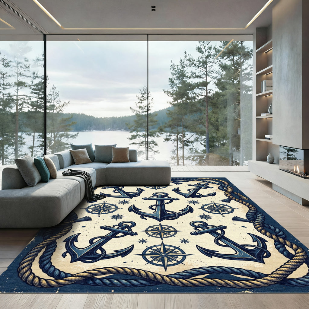 Nautical Navy Anchor and Compass Rope Rug