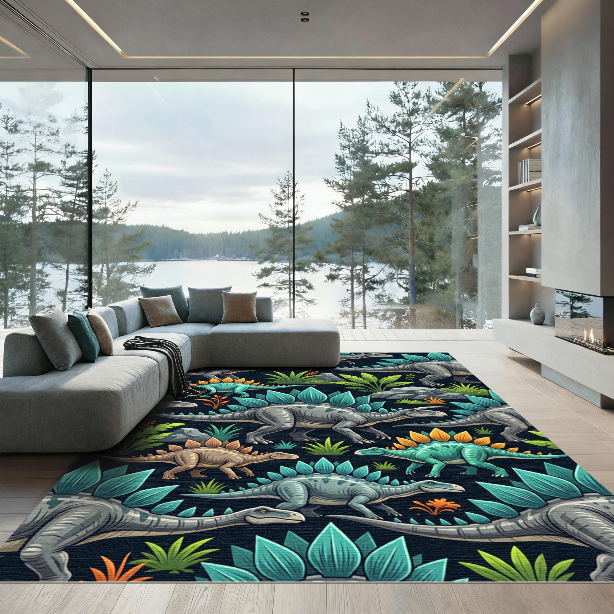 Prehistoric Gray Stegosaurus Forest Flora Rug