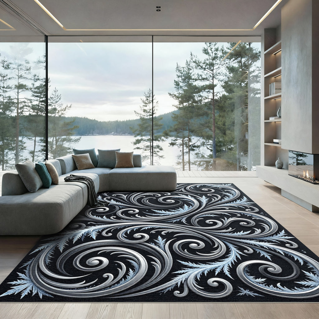 Elegant Silver Swirls on Charcoal Rug