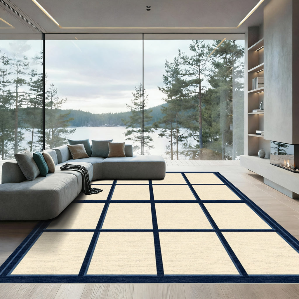 Navy Grid Windowpane Minimalist Frame Rug