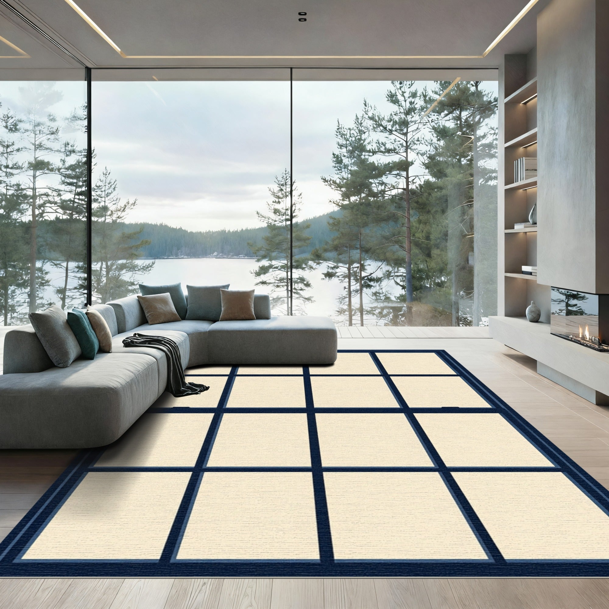 Navy Grid Windowpane Minimalist Frame Rug