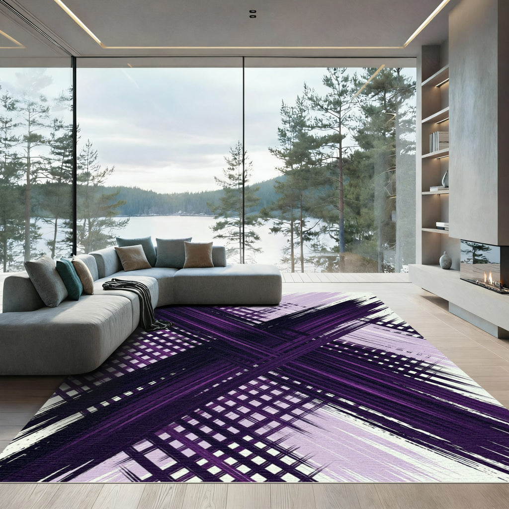 Abstract Deep Purple Crossed Linear Grid Rug