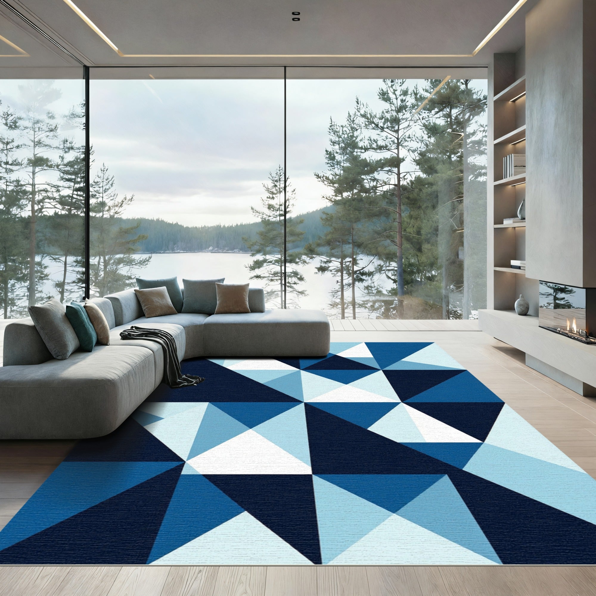 Modern Navy Geometric Triangles Rug