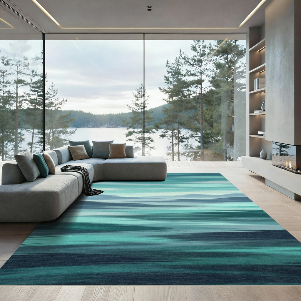 Serene Teal Abstract Blurred Horizon Rug