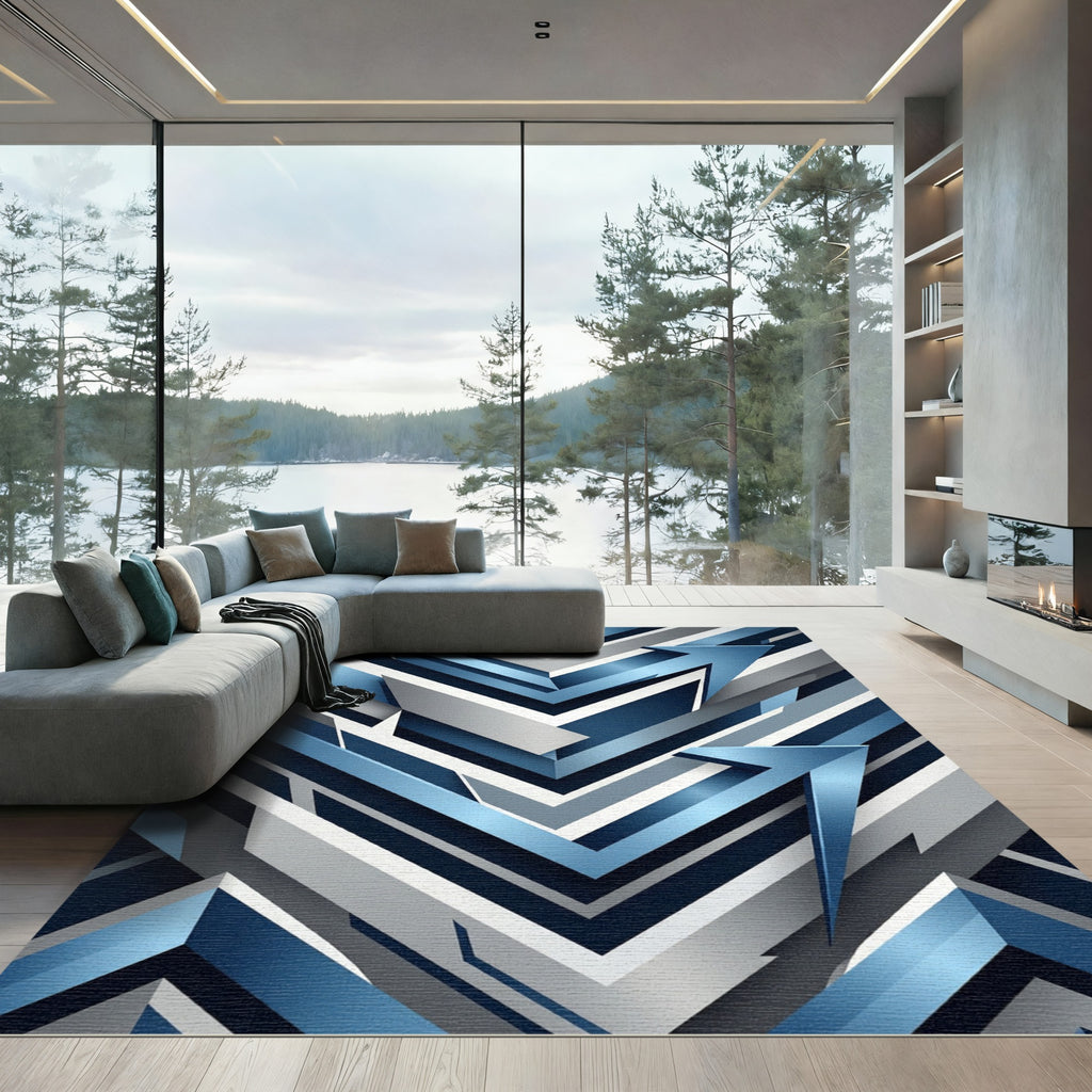 Modern Blue Geometric Chevron Rug