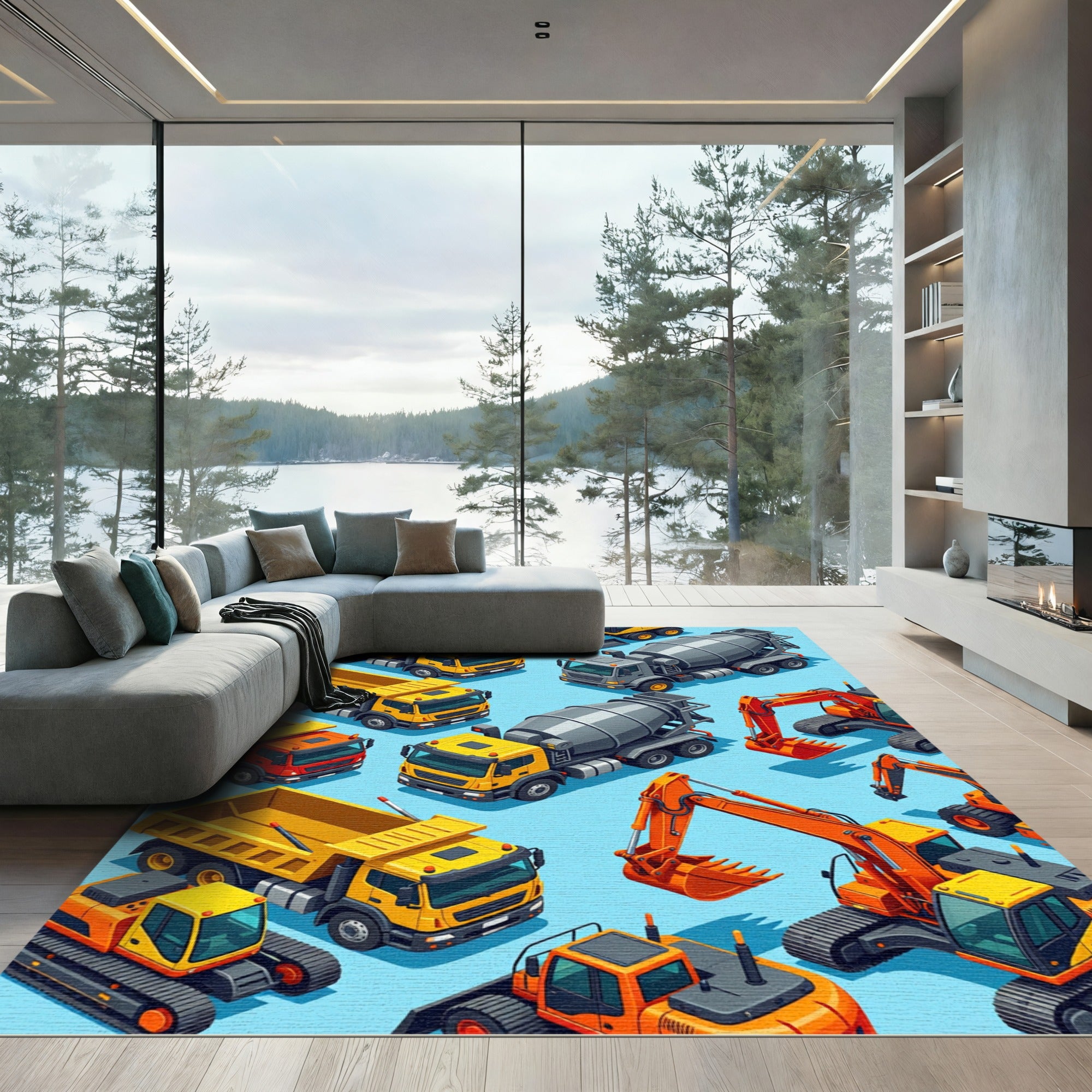 Vibrant Isometric Heavy Construction Equipment Rug