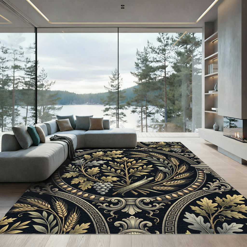 Neoclassical Gold Oak and Wheat Medallion Rug