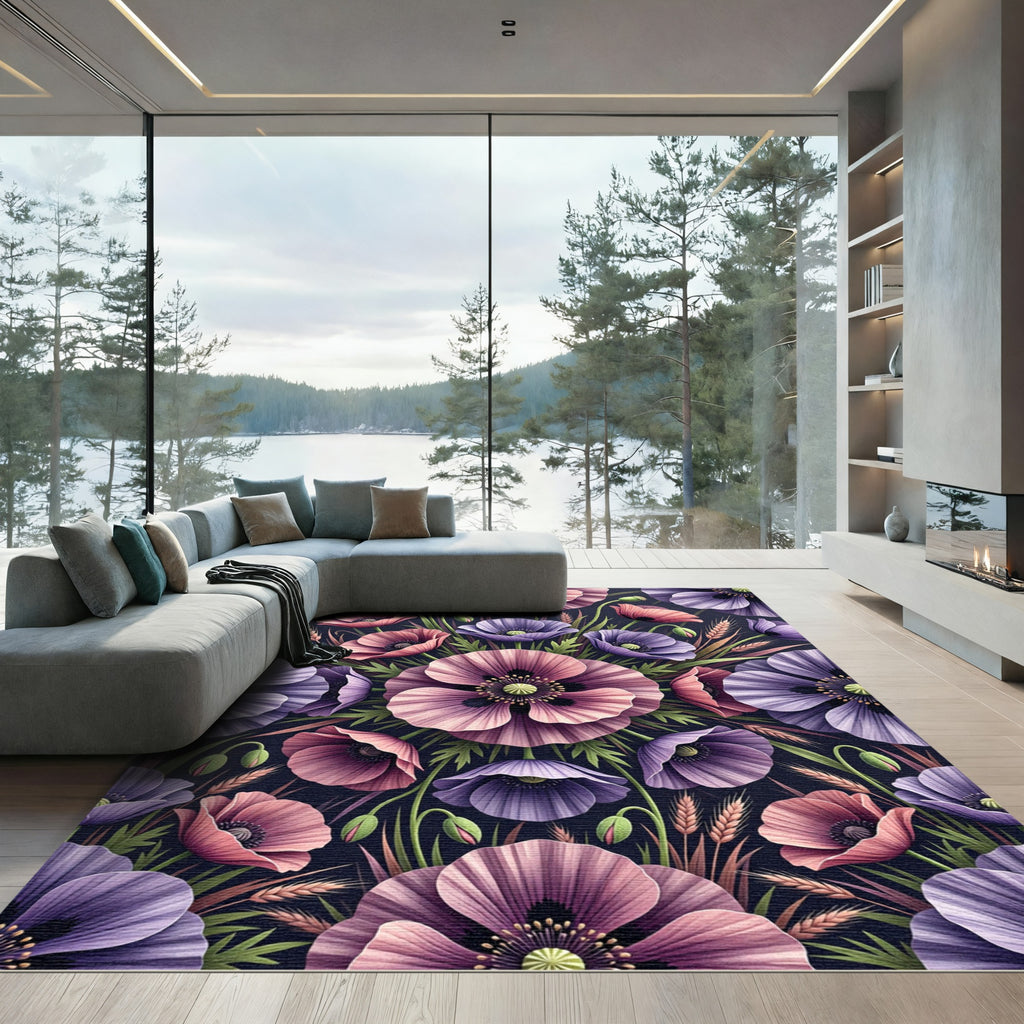 Elegant Purple Pink Poppy Botanical Garden Rug
