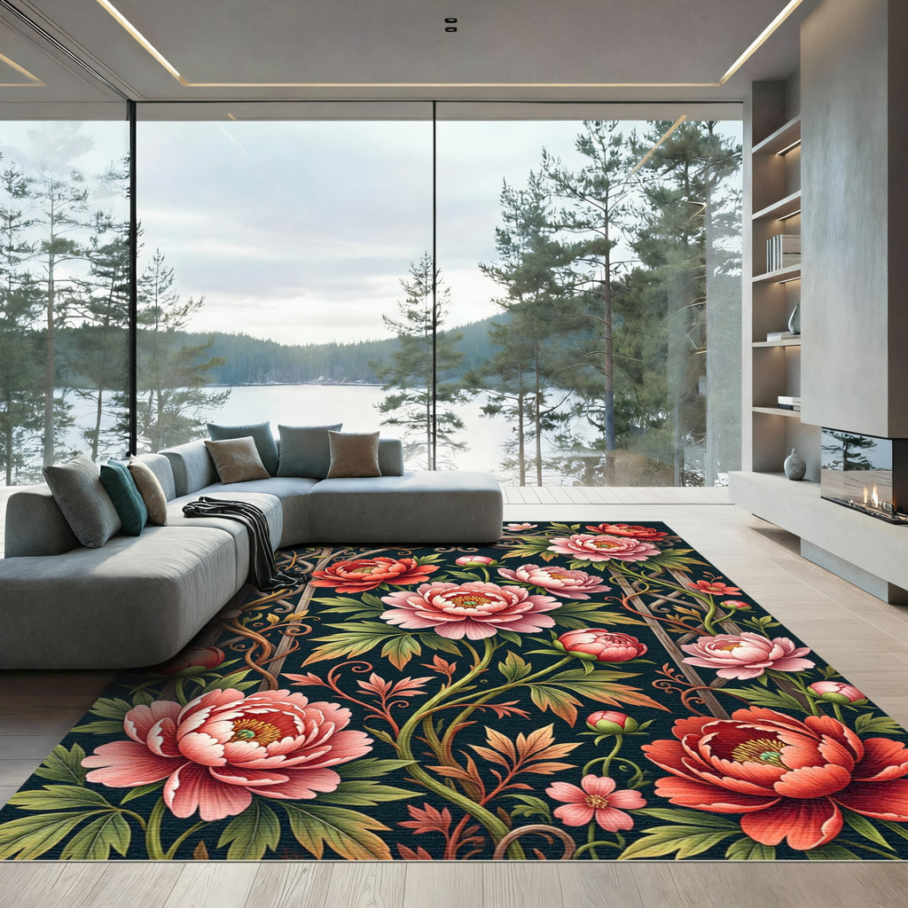 Victorian Coral Peony Garden Gate Rug