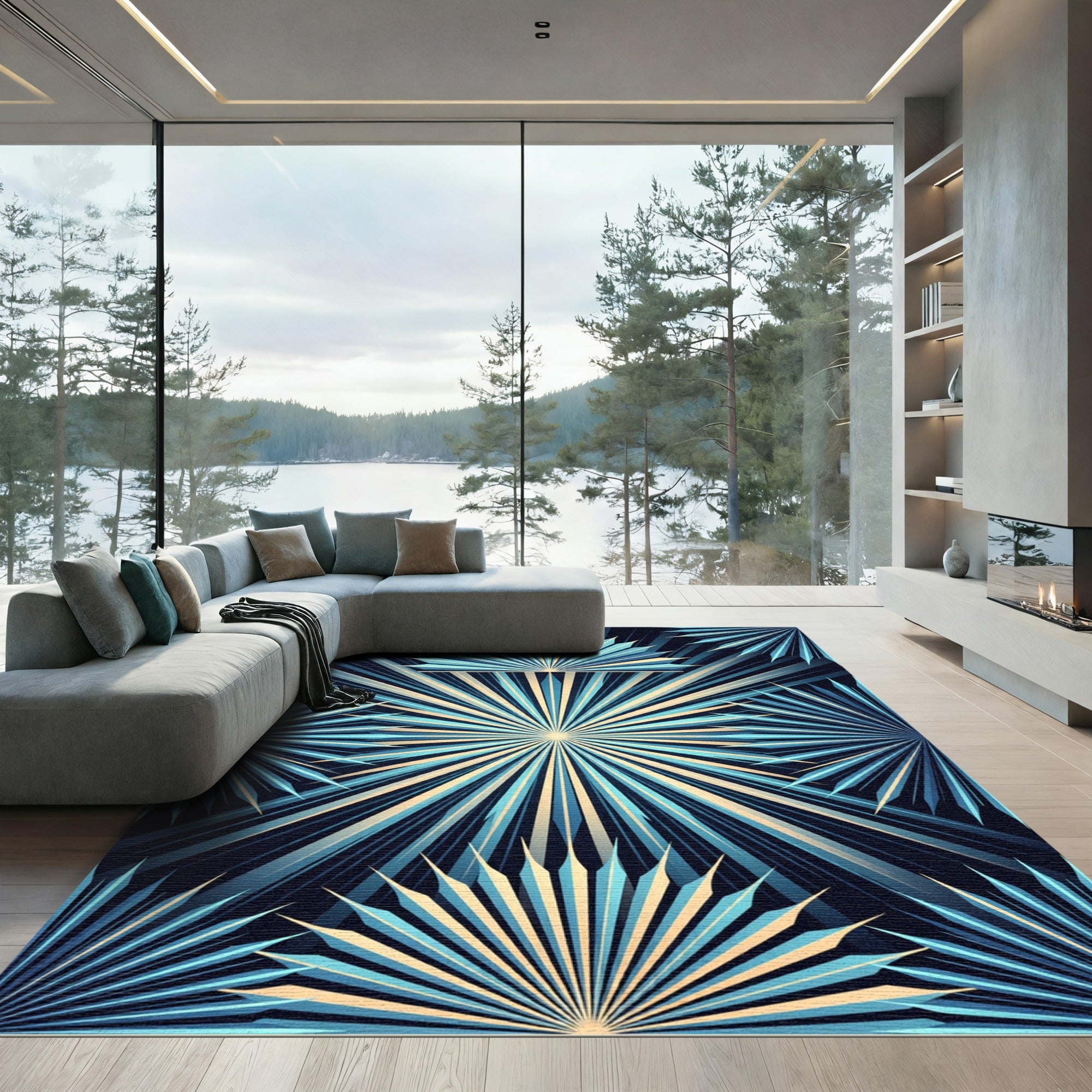 Art Deco Blue Radiant Sunburst Rug