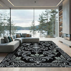 Ornate Gray Shell Leaf Scrollwork Rug