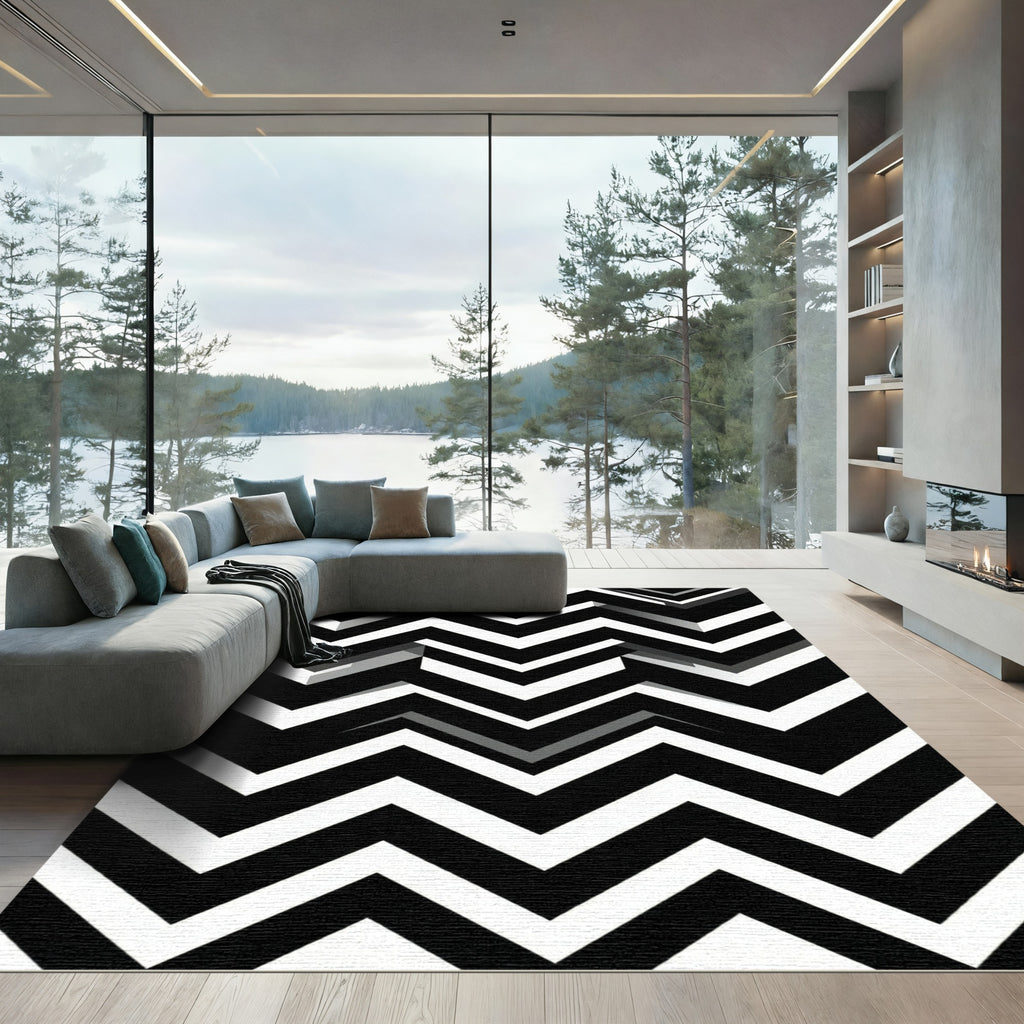 Bold Black White Zigzag Geometry Rug