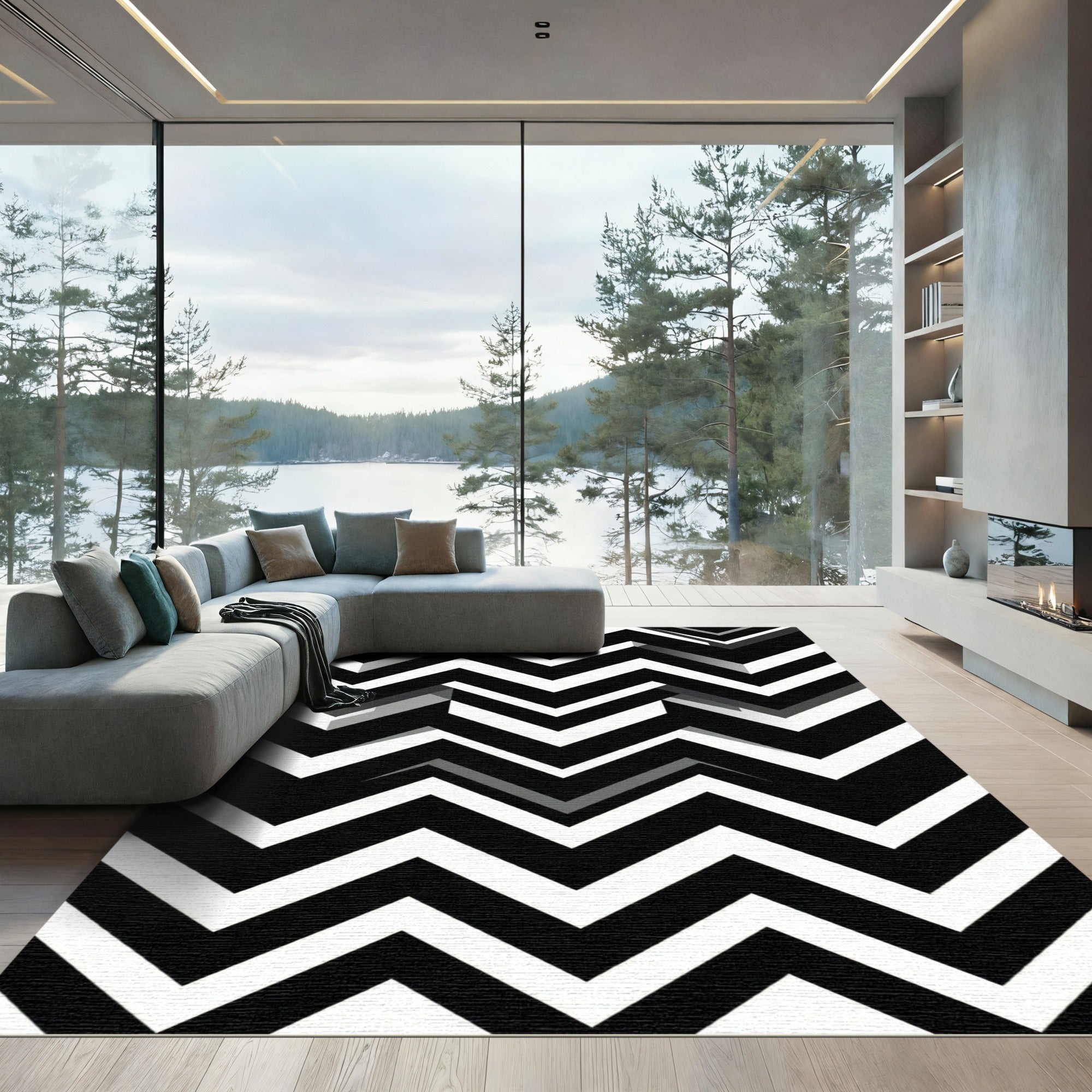 Bold Black White Zigzag Geometry Rug