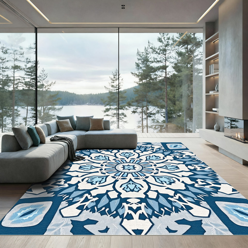 Deep Blue Snowflake Mandala Rug