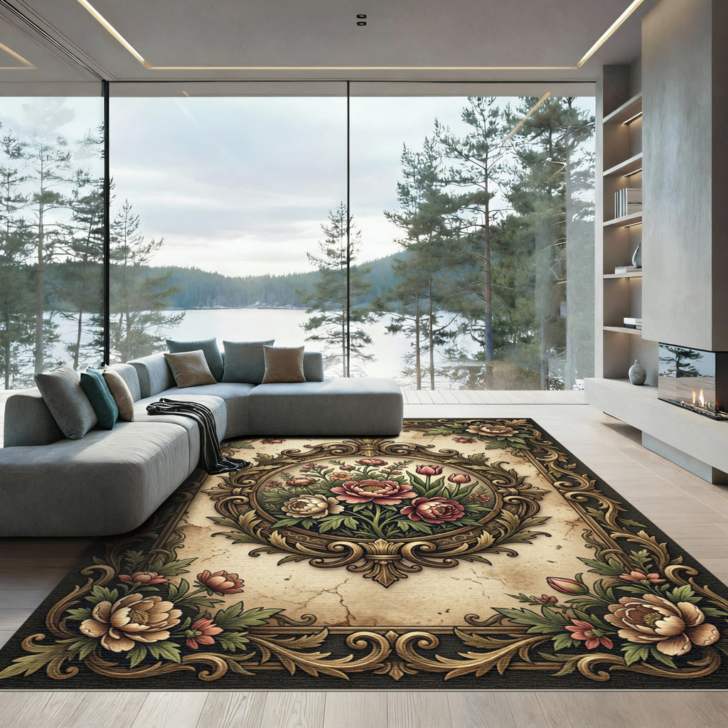 Antique Floral Ornate Gold Medallion Rug