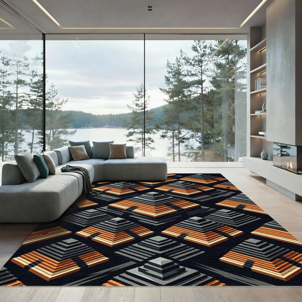 Tiered Geometric Pyramid Orange Gray Rug