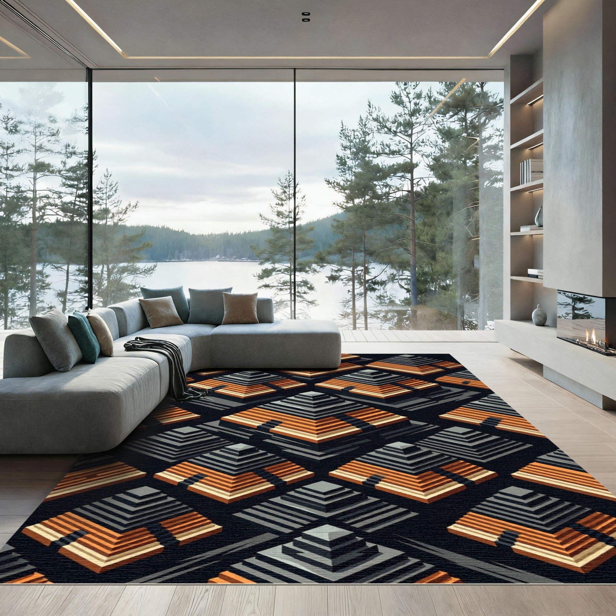 Tiered Geometric Pyramid Orange Gray Rug