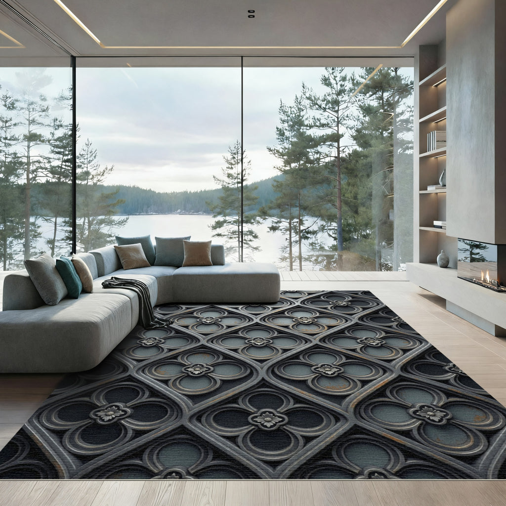 Gothic Charcoal Quatrefoil Diamond Medallion Rug