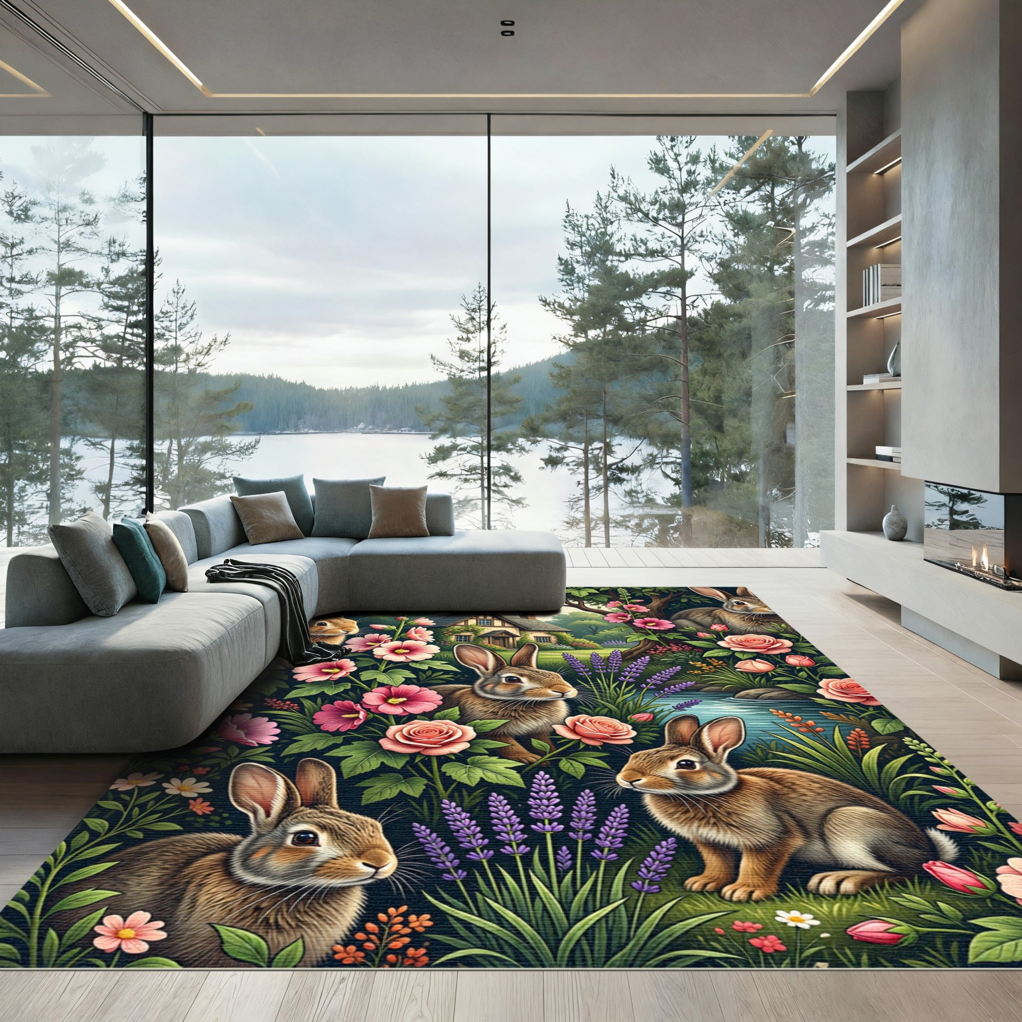 Whimsical Bunny and Floral Garden Rug