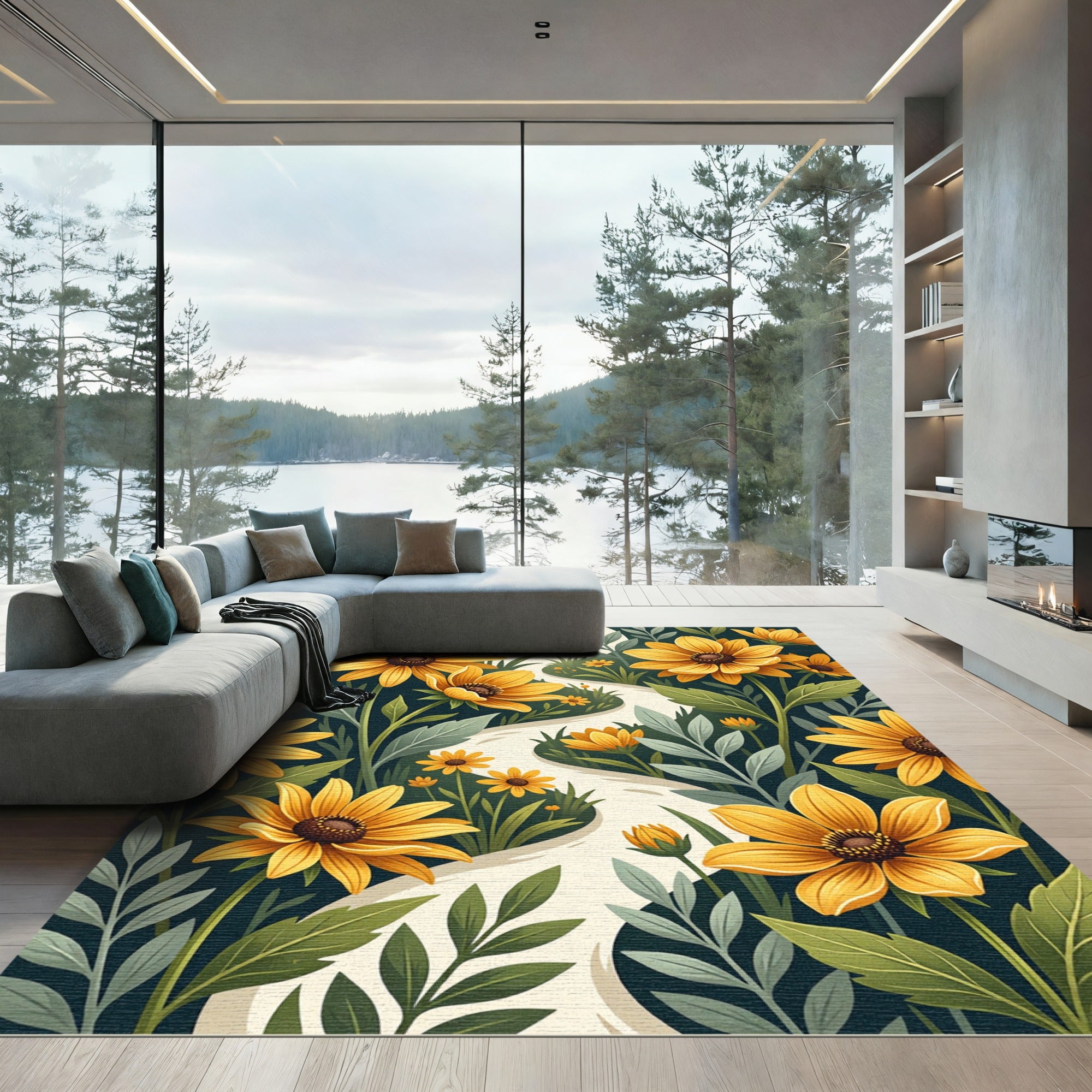 Golden Sunflower Path Botanical Illustration Rug