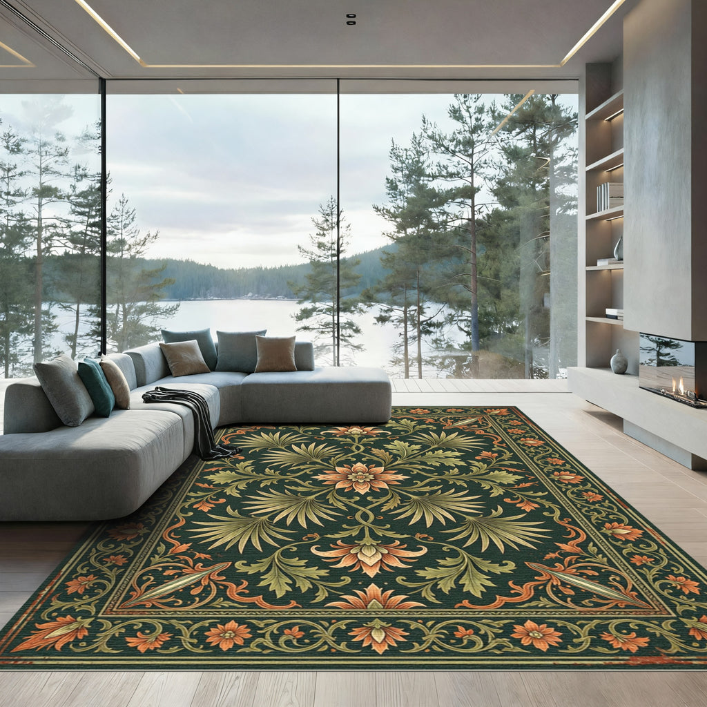 Earthy Forest Green Ornate Botanical Area Rug